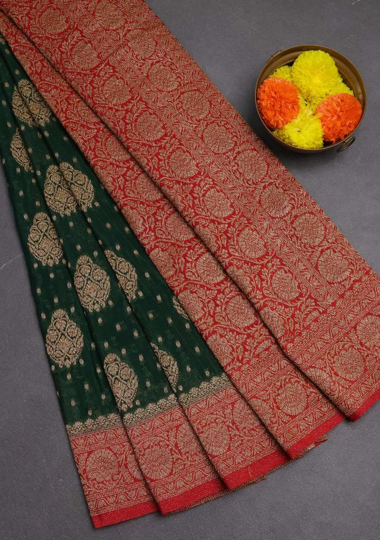 Banarasi Semi Crepe Saree Green And Red With Woven Buttas And Woven Border With Buttas And Brocade Design For Women - Indya