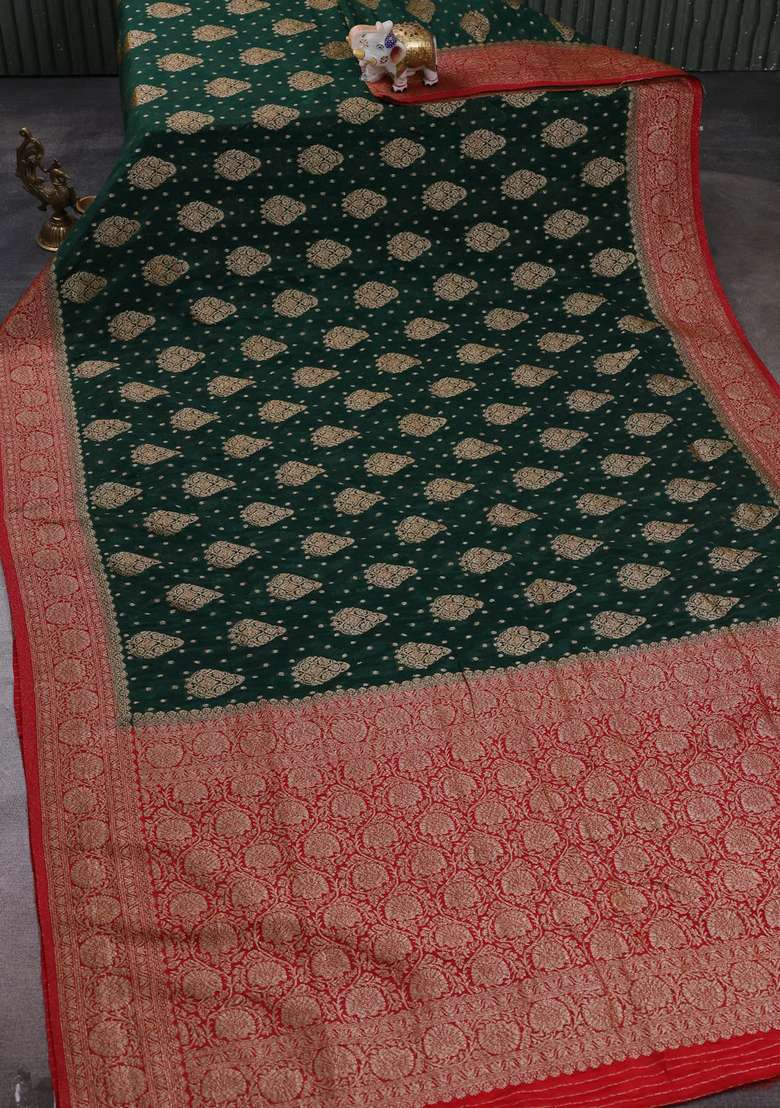 Banarasi Semi Crepe Saree Green And Red With Woven Buttas And Woven Border With Buttas And Brocade Design For Women - Indya