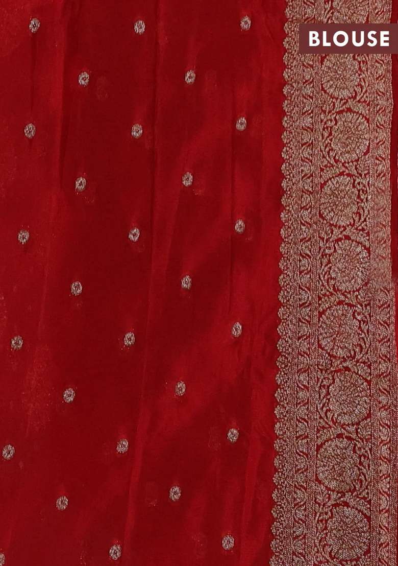 Banarasi Semi Crepe Saree Green And Red With Woven Buttas And Woven Border With Buttas And Brocade Design For Women - Indya
