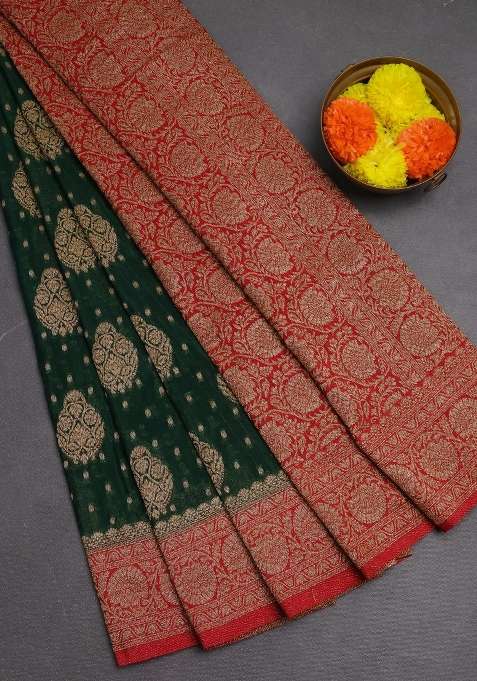 Banarasi Semi Crepe Saree Green And Red With Woven Buttas And Woven Border With Buttas And Brocade Design For Women