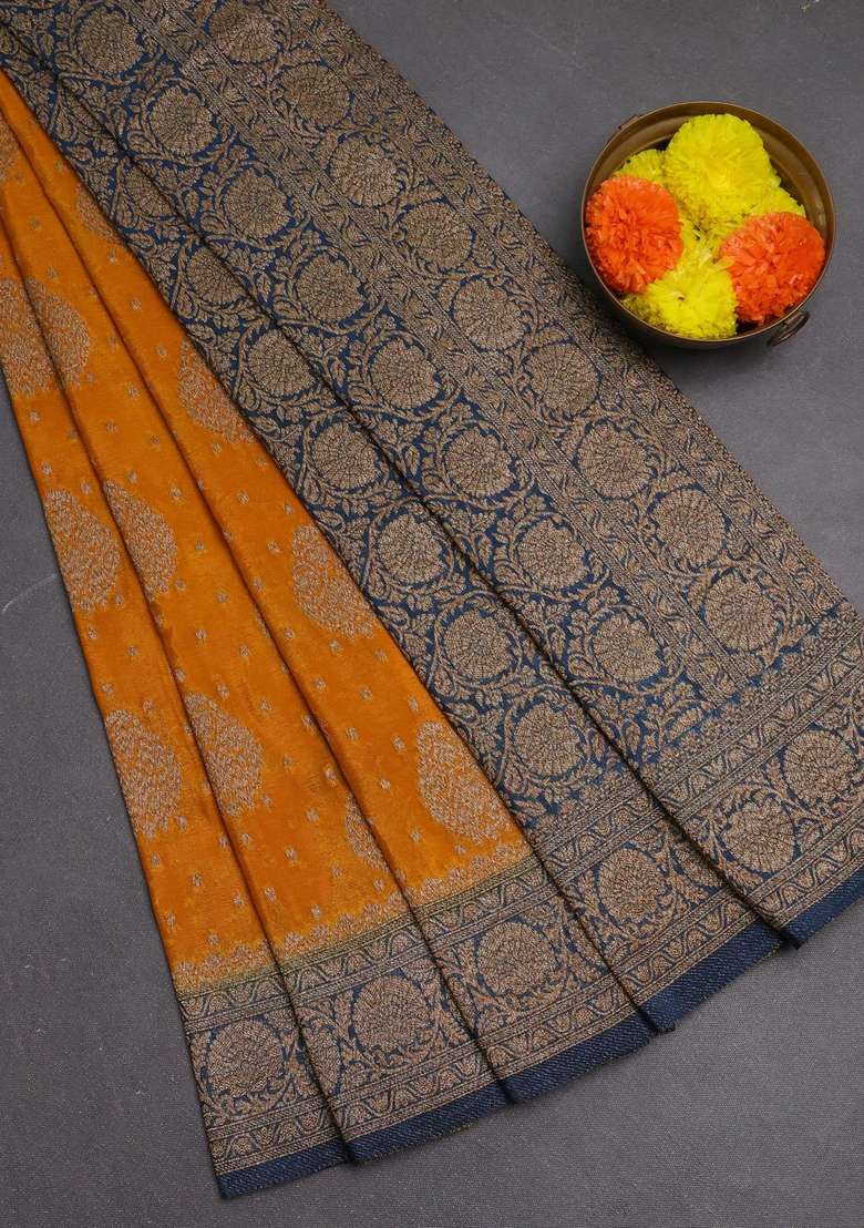 Banarasi Semi Crepe Saree Mustard Yellow And Peacock Blue With Woven Buttas And Woven Border With Buttas And Brocade Design For Women - Indya