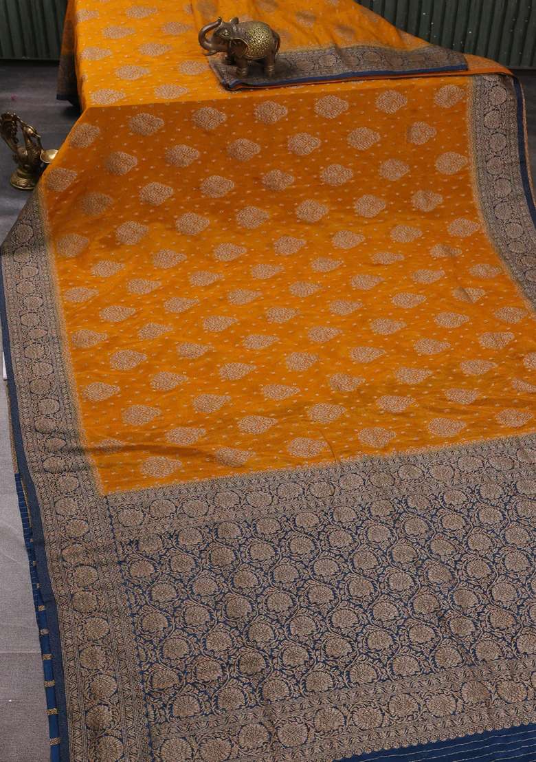 Banarasi Semi Crepe Saree Mustard Yellow And Peacock Blue With Woven Buttas And Woven Border With Buttas And Brocade Design For Women - Indya