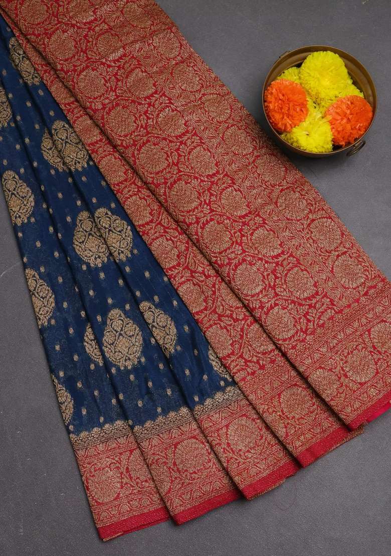 Banarasi Semi Crepe Saree Peacock Blue And Pink With Woven Buttas And Woven Border With Buttas And Brocade Design For Women - Indya