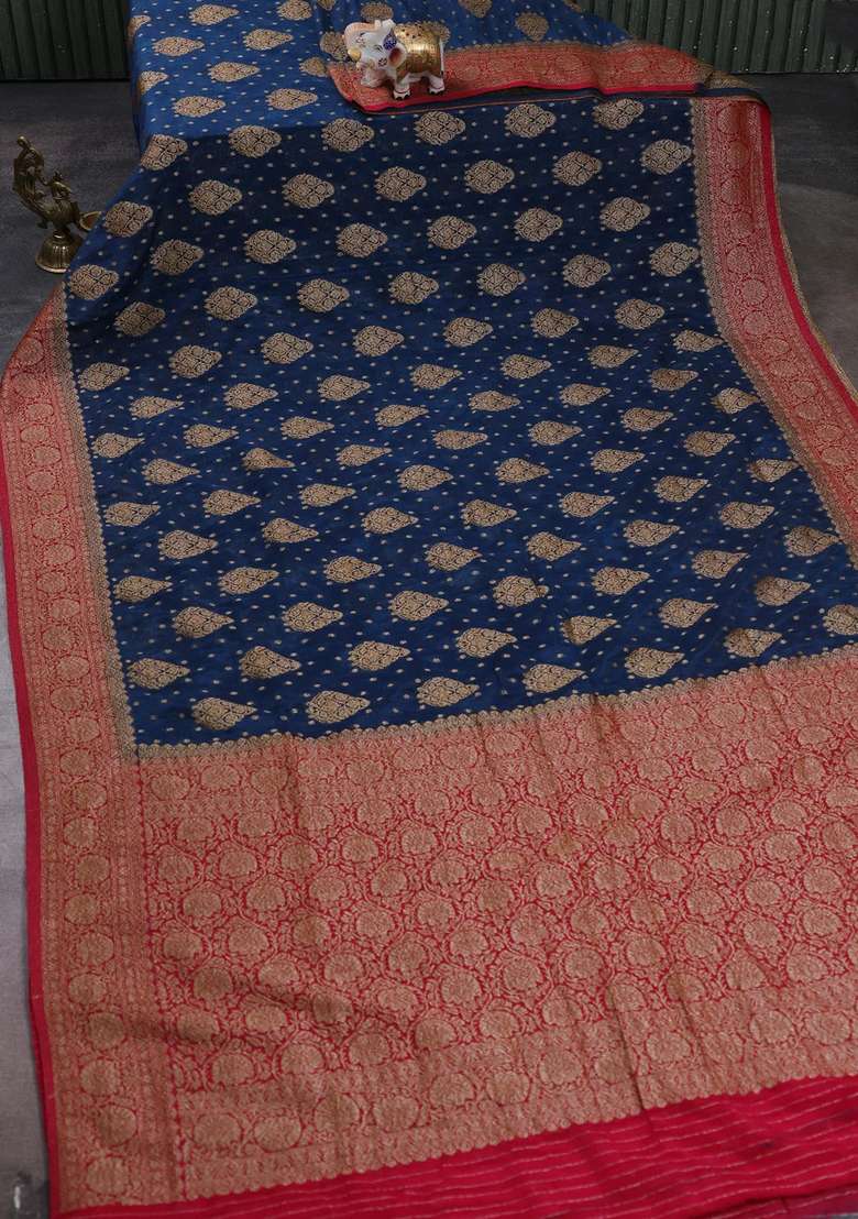 Banarasi Semi Crepe Saree Peacock Blue And Pink With Woven Buttas And Woven Border With Buttas And Brocade Design For Women - Indya