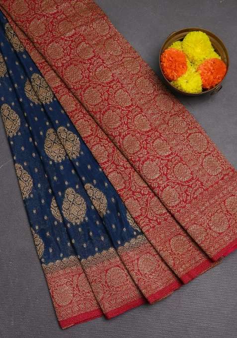 Banarasi Semi Crepe Saree Peacock Blue And Pink With Woven Buttas And Woven Border With Buttas And Brocade Design For Women