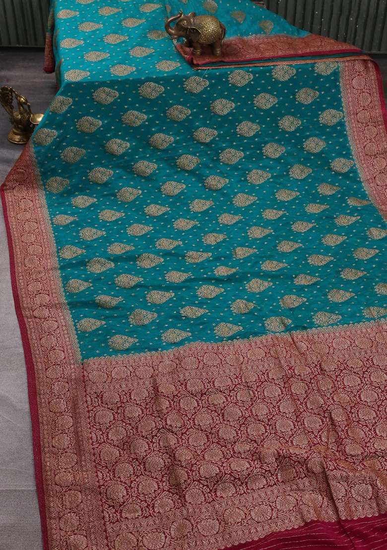Banarasi Semi Crepe Saree Teal Blue And Dark Pink With Woven Buttas And Woven Border With Buttas And Brocade Design For Women - Indya