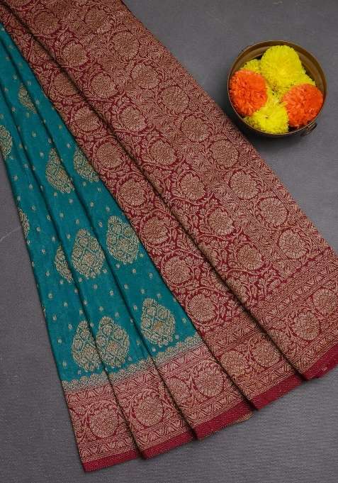 Banarasi Semi Crepe Saree Teal Blue And Dark Pink With Woven Buttas And Woven Border With Buttas And Brocade Design For Women