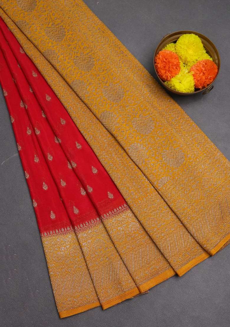 Banarasi Semi Crepe Saree Red And Mustard Yellow With Woven Buttas And Woven Border With Buttas And Brocade Design For Women - Indya