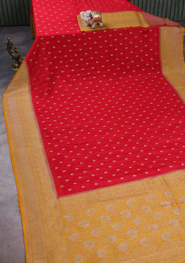 Banarasi Semi Crepe Saree Red And Mustard Yellow With Woven Buttas And Woven Border With Buttas And Brocade Design For Women - Indya