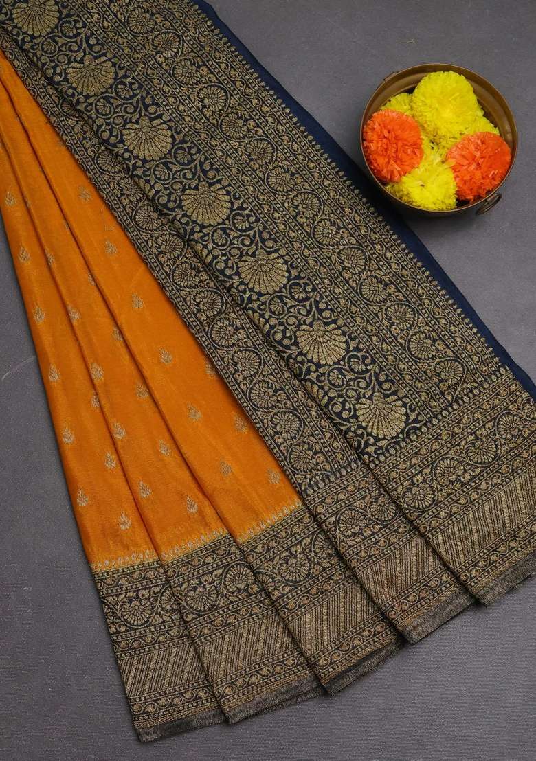 Banarasi Semi Crepe Saree Mango Yellow And Navy Blue With Woven Buttas And Woven Border With Buttas And Brocade Design For Women - Indya