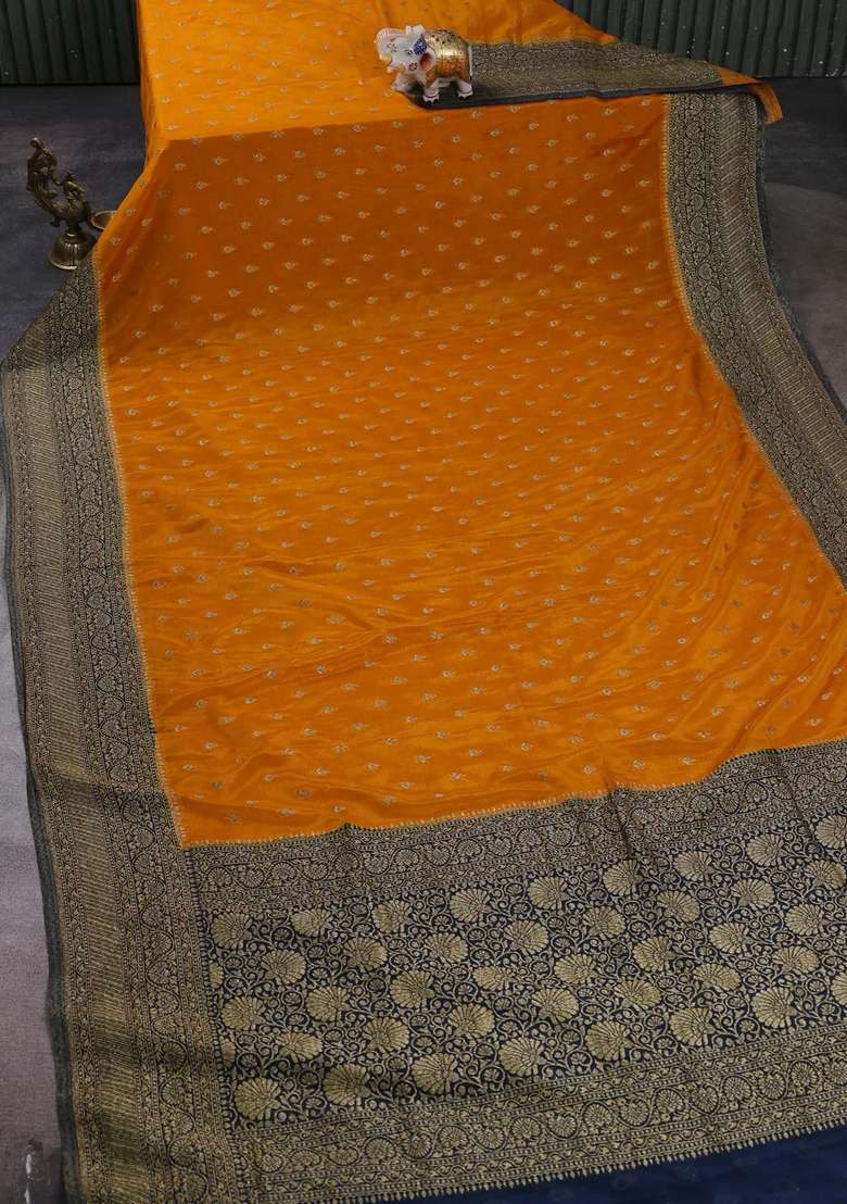 Banarasi Semi Crepe Saree Mango Yellow And Navy Blue With Woven Buttas And Woven Border With Buttas And Brocade Design For Women - Indya