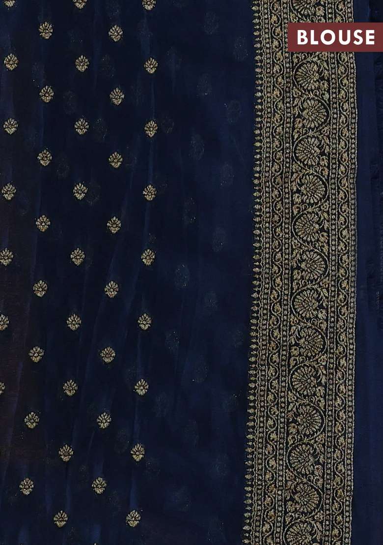 Banarasi Semi Crepe Saree Mango Yellow And Navy Blue With Woven Buttas And Woven Border With Buttas And Brocade Design For Women - Indya