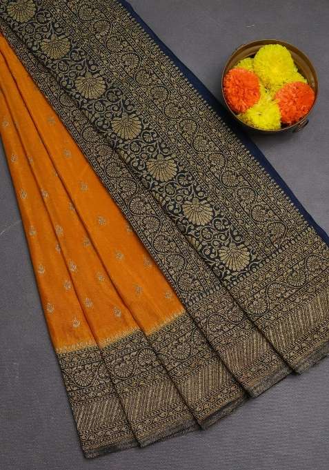 Banarasi Semi Crepe Saree Mango Yellow And Navy Blue With Woven Buttas And Woven Border With Buttas And Brocade Design For Women