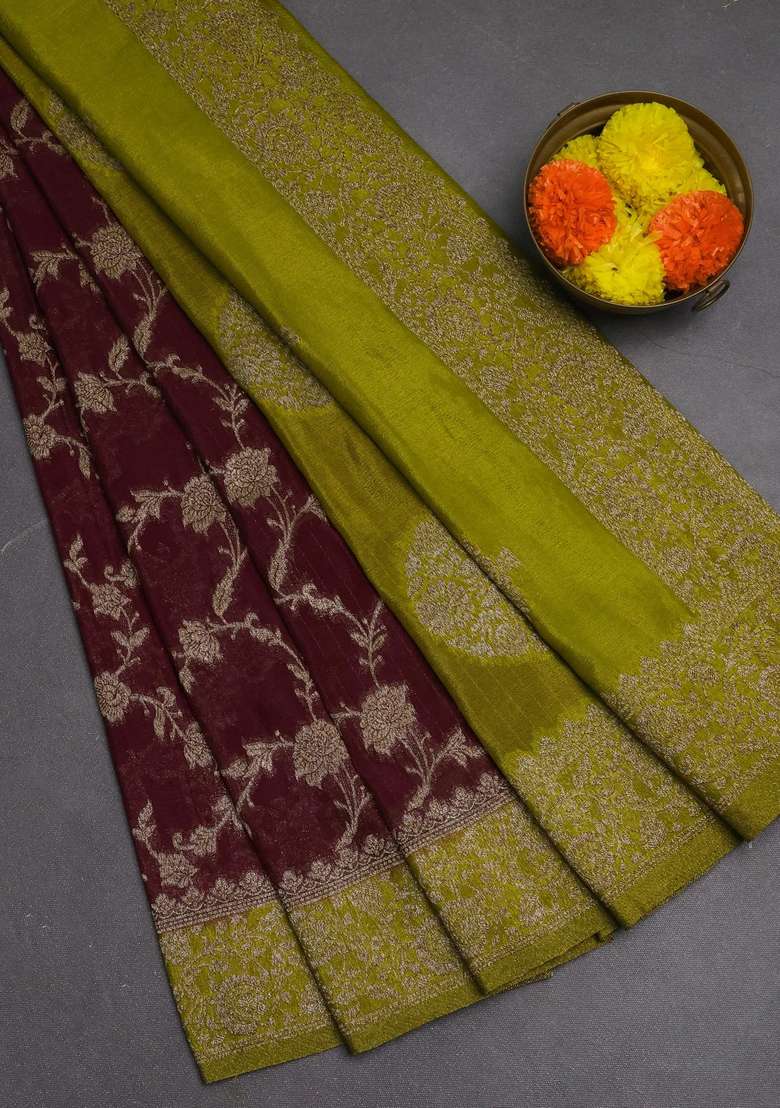 Banarasi Semi Crepe Saree Maroon And Lime Green With Woven Buttas And Woven Border With Buttas And Brocade Design For Women - Indya