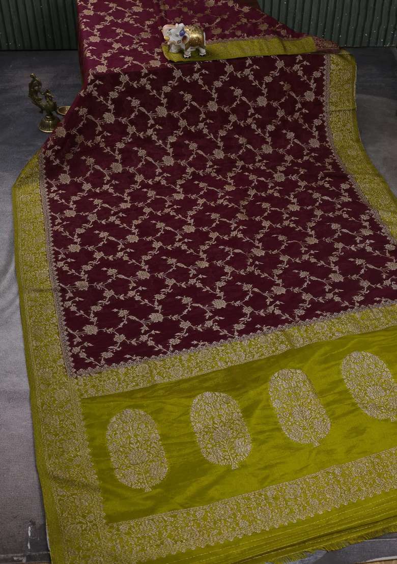 Banarasi Semi Crepe Saree Maroon And Lime Green With Woven Buttas And Woven Border With Buttas And Brocade Design For Women - Indya