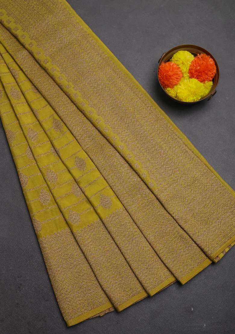 Banarasi Semi Crepe Saree Lime Yellow With Allover Thread Zari Weaves And Woven Border With Traditional Woven Design For Women - Indya