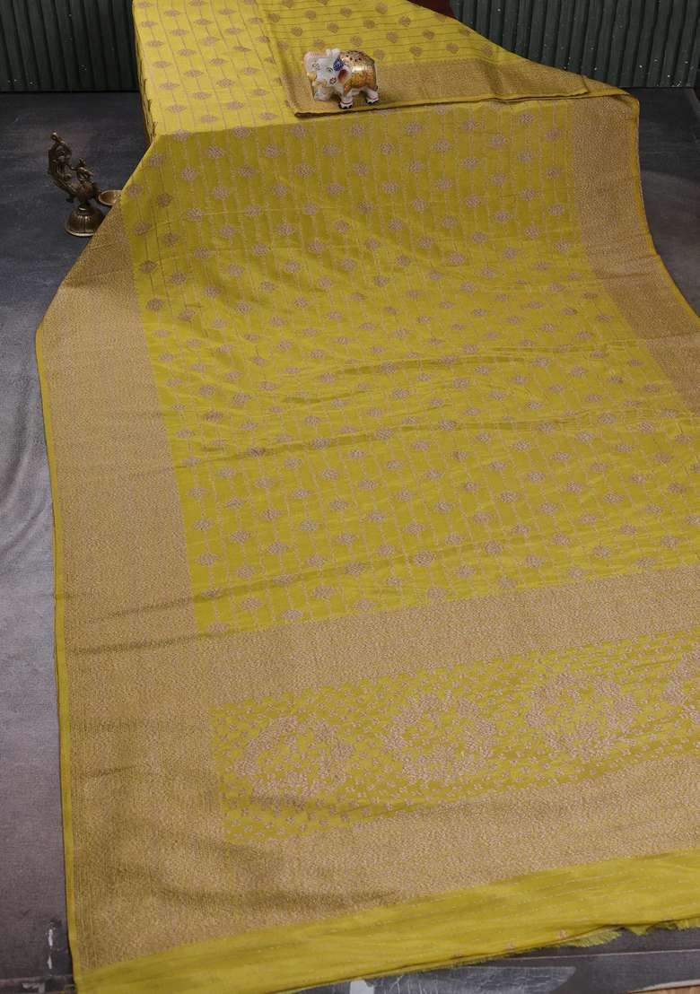 Banarasi Semi Crepe Saree Lime Yellow With Allover Thread Zari Weaves And Woven Border With Traditional Woven Design For Women - Indya
