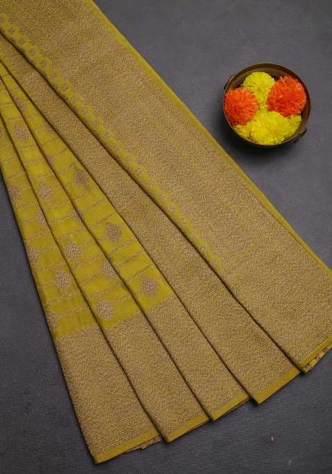 Banarasi Semi Crepe Saree Lime Yellow With Allover Thread Zari Weaves And Woven Border With Traditional Woven Design For Women