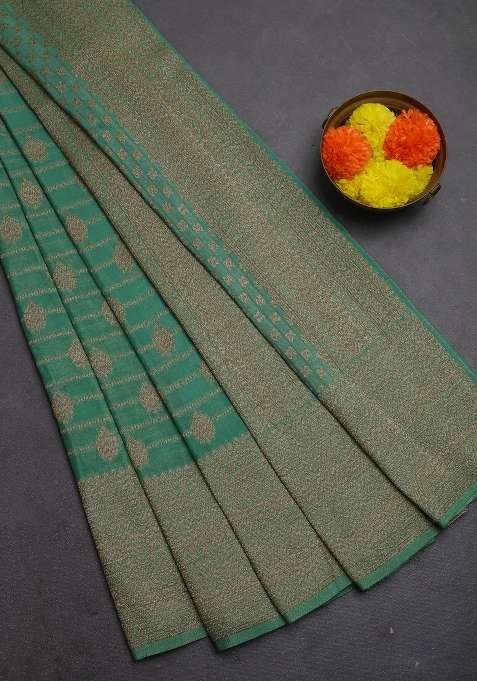 Banarasi Semi Crepe Saree Pastel Green With Allover Thread Zari Weaves And Woven Border With Traditional Woven Design For Women