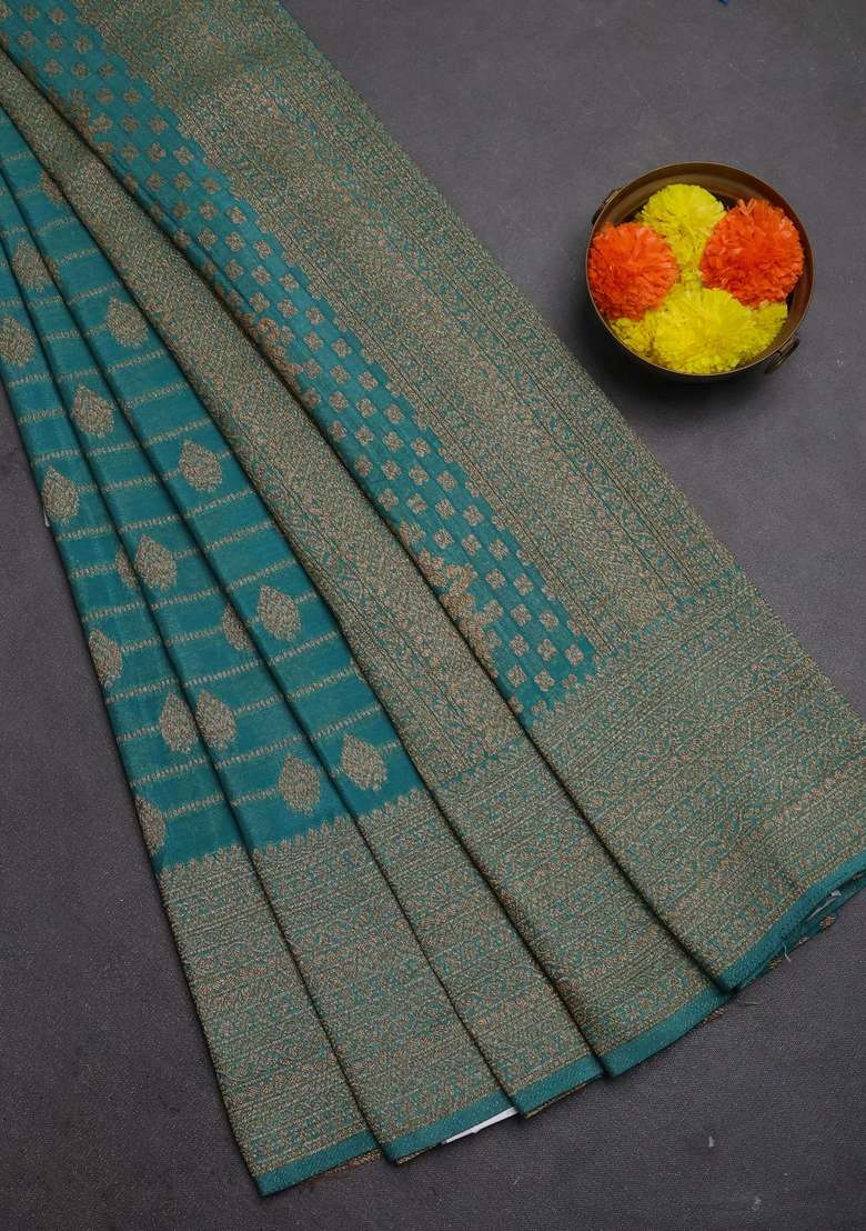 Banarasi Semi Crepe Saree Teal Shade With Allover Thread Zari Weaves And Woven Border With Traditional Woven Design For Women - Indya