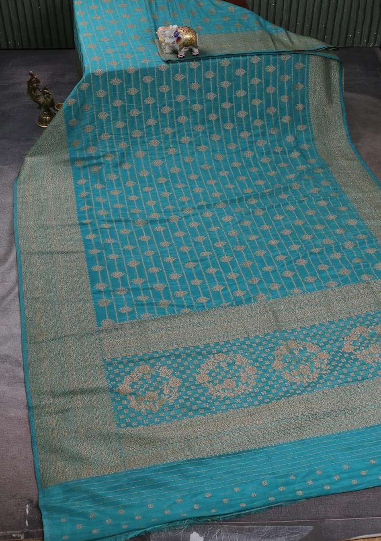 Banarasi Semi Crepe Saree Teal Shade With Allover Thread Zari Weaves And Woven Border With Traditional Woven Design For Women - Indya