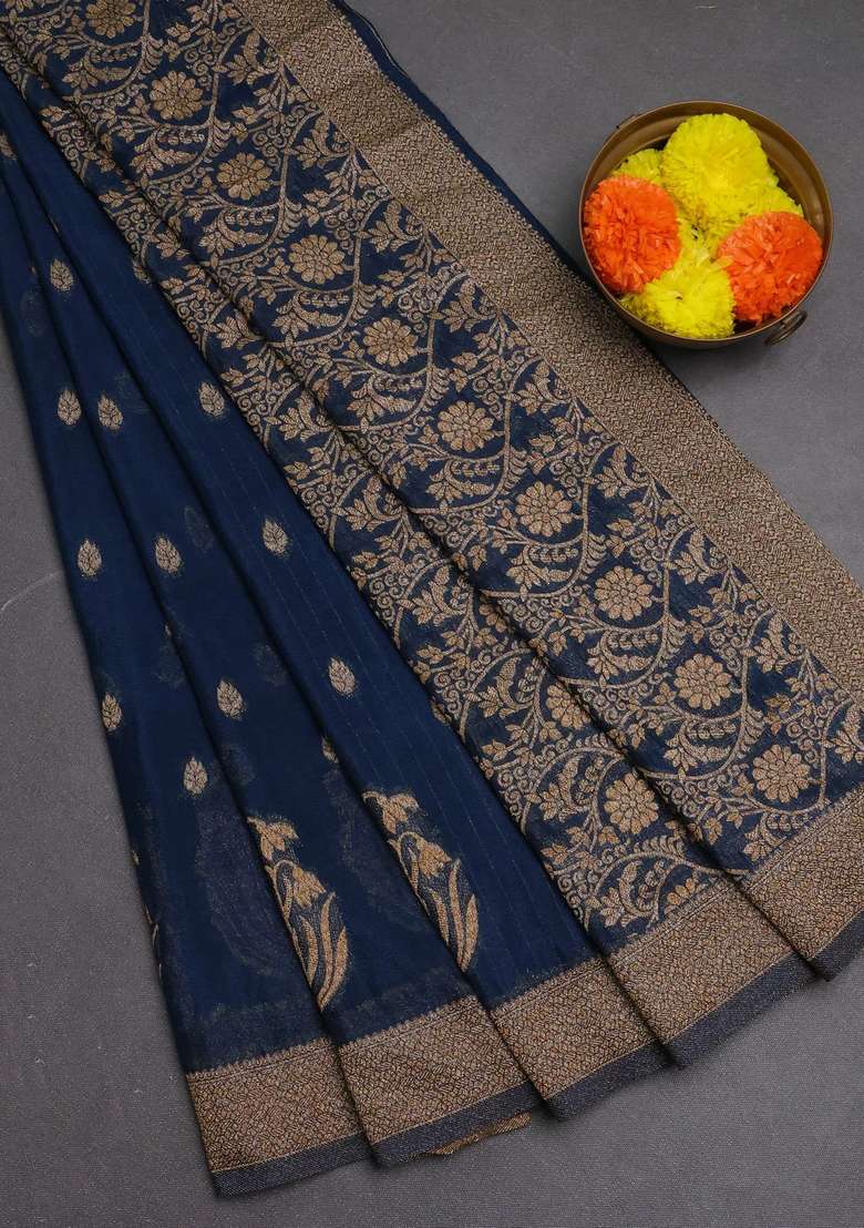 Banarasi Semi Crepe Saree Peacock Blue With Woven Buttas And Woven Border With Buttas And Brocade Design For Women - Indya