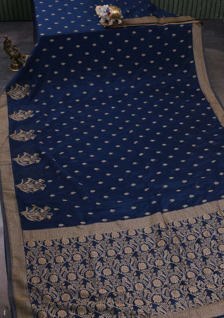 Banarasi Semi Crepe Saree Peacock Blue With Woven Buttas And Woven Border With Buttas And Brocade Design For Women - Indya
