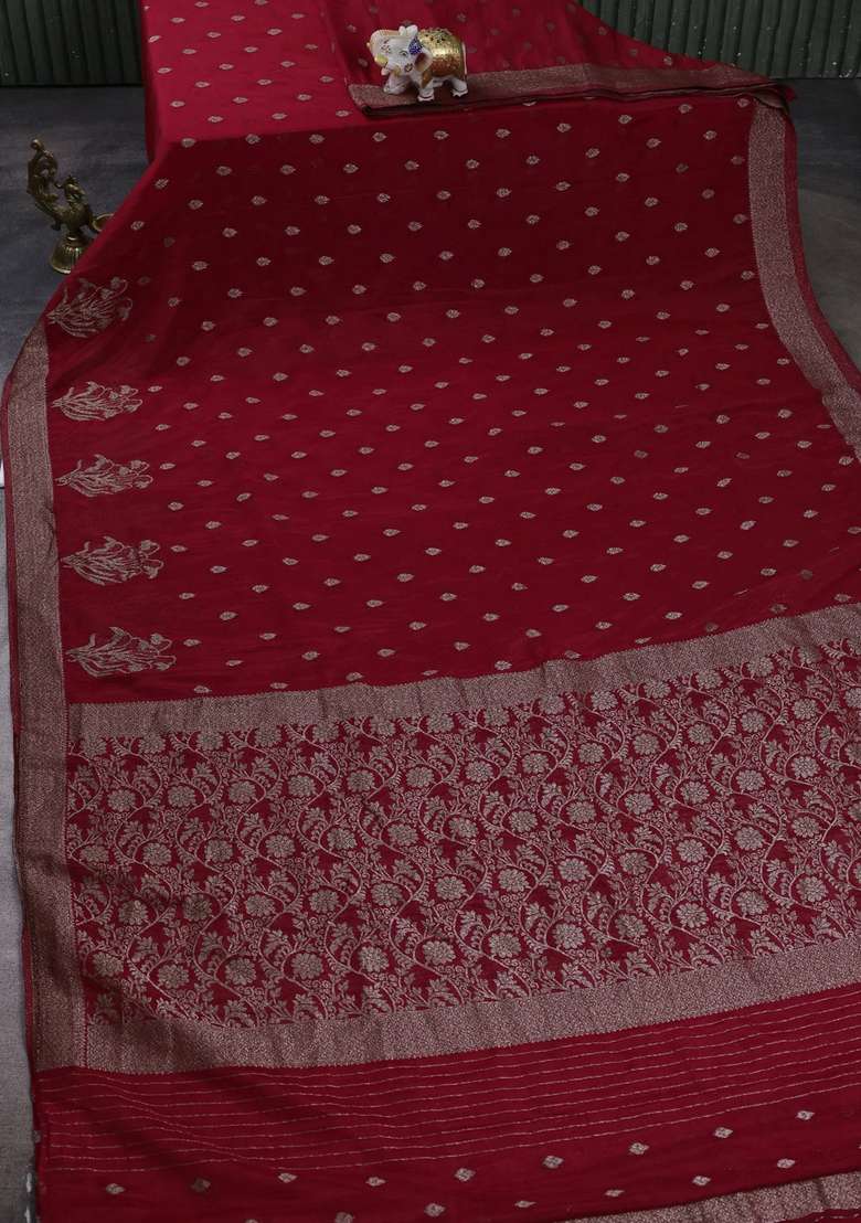 Banarasi Semi Crepe Saree Red With Woven Buttas And Woven Border With Buttas And Brocade Design For Women - Indya