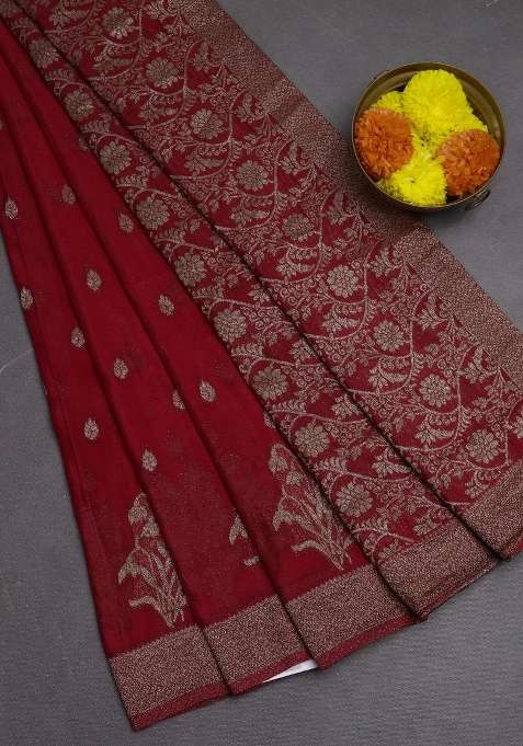 Banarasi Semi Crepe Saree Red With Woven Buttas And Woven Border With Buttas And Brocade Design For Women