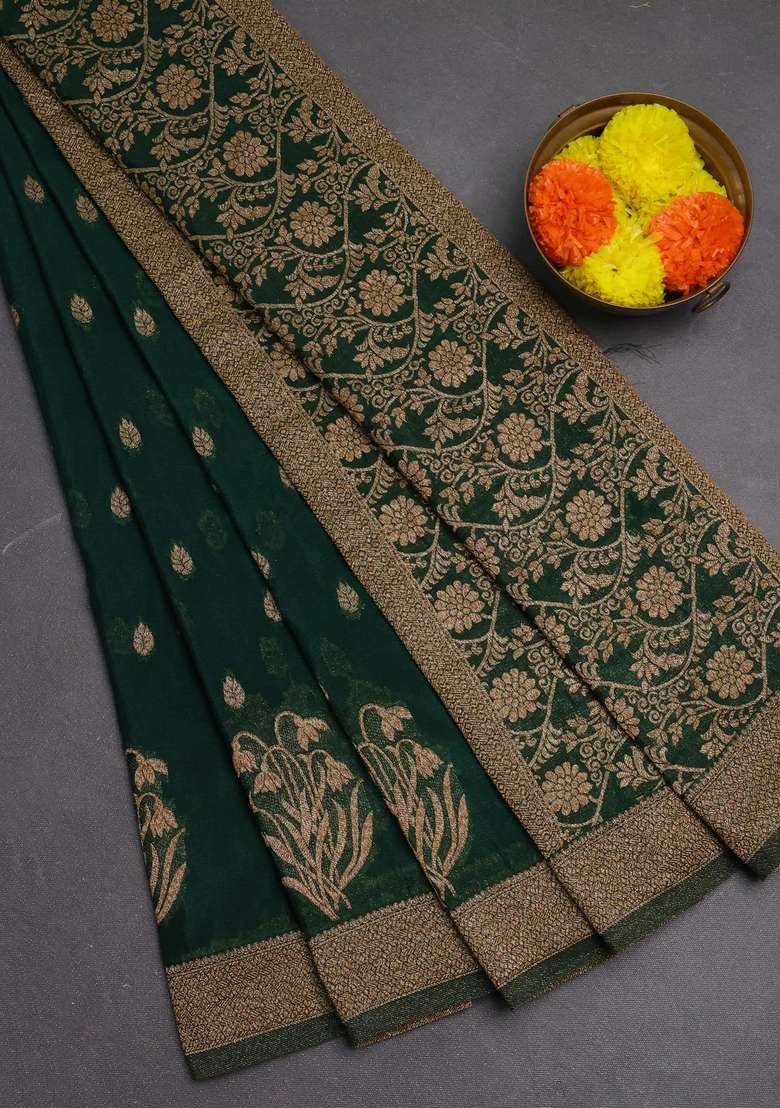 Banarasi Semi Crepe Saree Green With Woven Buttas And Woven Border With Buttas And Brocade Design For Women - Indya