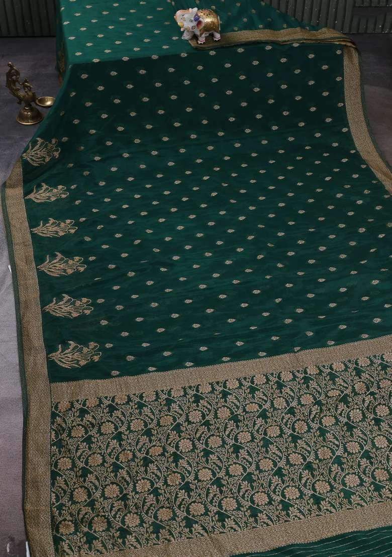 Banarasi Semi Crepe Saree Green With Woven Buttas And Woven Border With Buttas And Brocade Design For Women - Indya