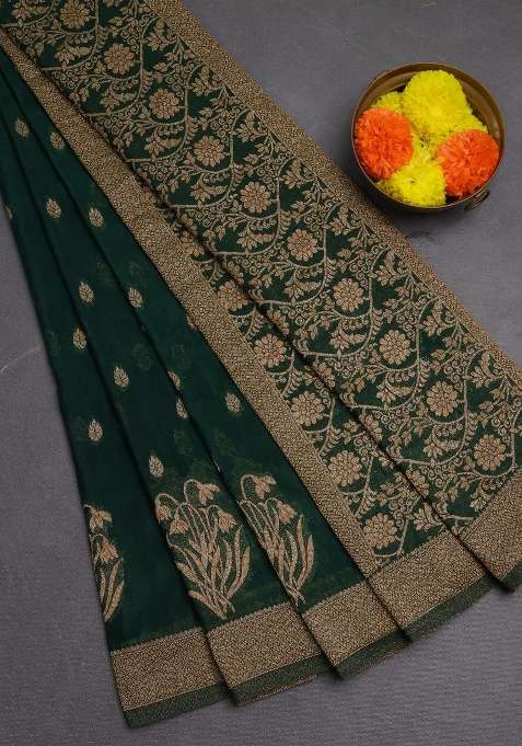 Banarasi Semi Crepe Saree Green With Woven Buttas And Woven Border With Buttas And Brocade Design For Women
