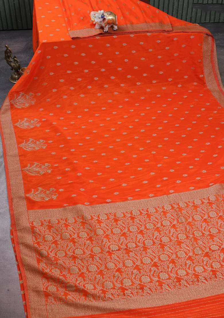 Banarasi Semi Crepe Saree Orange With Woven Buttas And Woven Border With Buttas And Brocade Design For Women - Indya