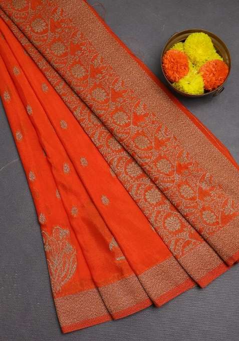 Banarasi Semi Crepe Saree Orange With Woven Buttas And Woven Border With Buttas And Brocade Design For Women