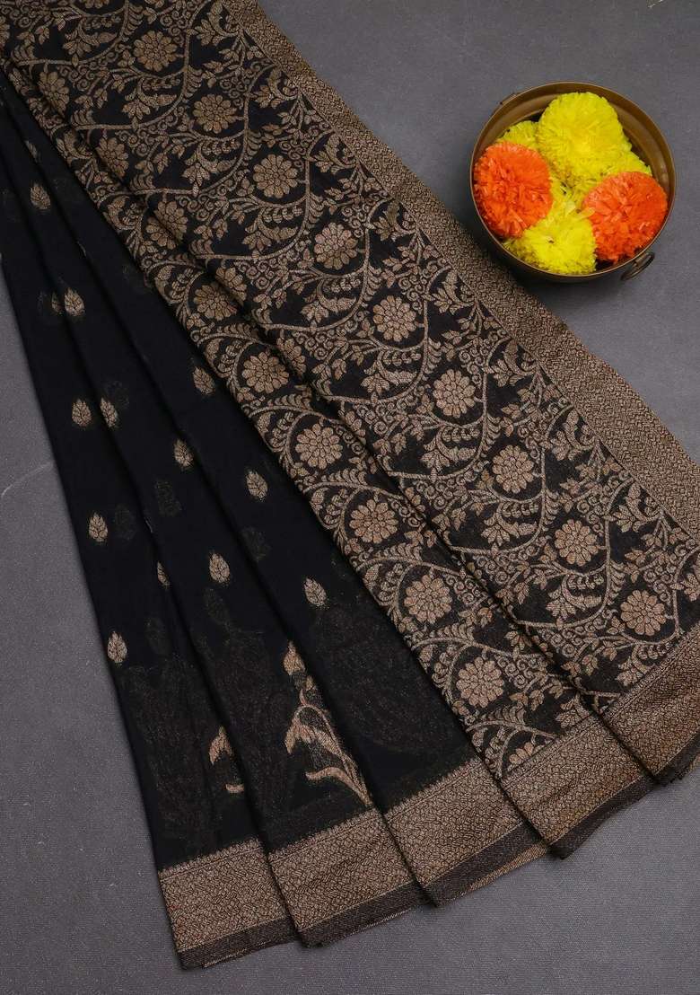 Banarasi Semi Crepe Saree Black With Woven Buttas And Woven Border With Buttas And Brocade Design For Women - Indya
