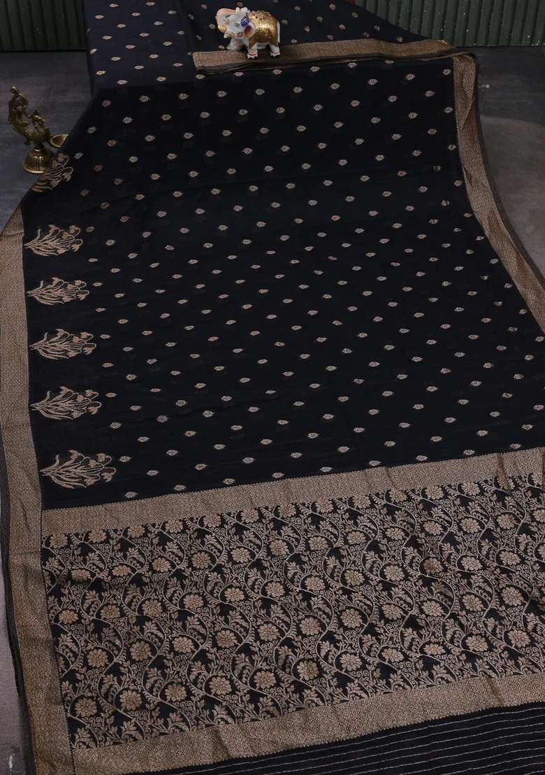 Banarasi Semi Crepe Saree Black With Woven Buttas And Woven Border With Buttas And Brocade Design For Women - Indya