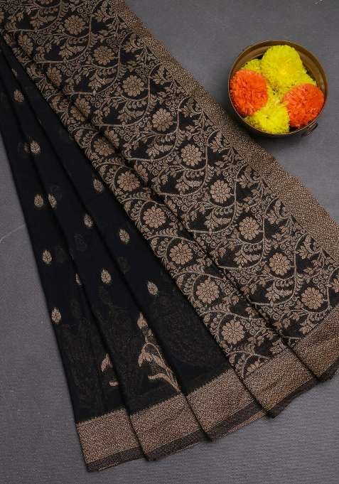Banarasi Semi Crepe Saree Black With Woven Buttas And Woven Border With Buttas And Brocade Design For Women