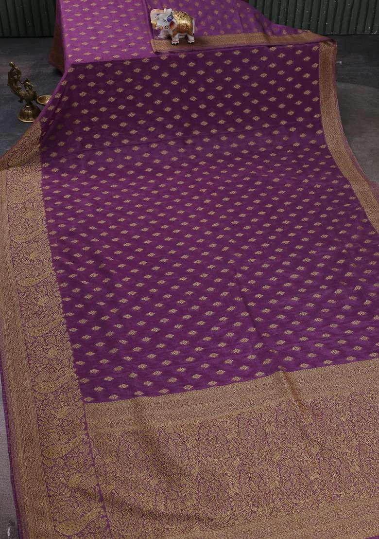 Banarasi Semi Crepe Saree Lavender With Woven Buttas And Woven Border With Buttas And Brocade Design For Women - Indya