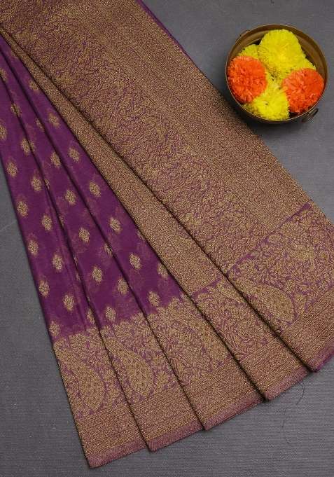 Banarasi Semi Crepe Saree Lavender With Woven Buttas And Woven Border With Buttas And Brocade Design For Women