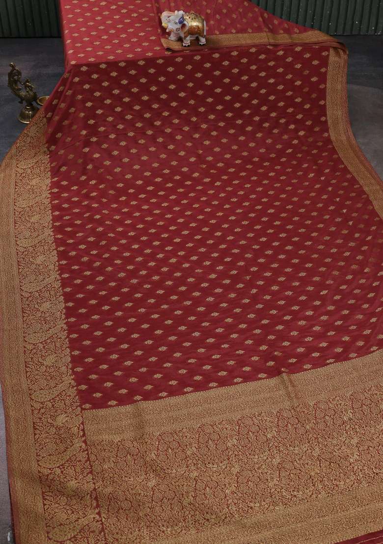 Banarasi Semi Crepe Saree Pastel Maroon With Woven Buttas And Woven Border With Buttas And Brocade Design For Women - Indya