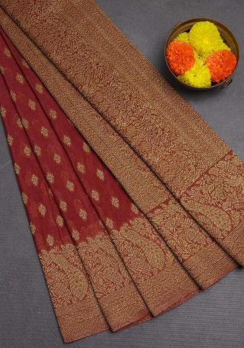 Banarasi Semi Crepe Saree Pastel Maroon With Woven Buttas And Woven Border With Buttas And Brocade Design For Women