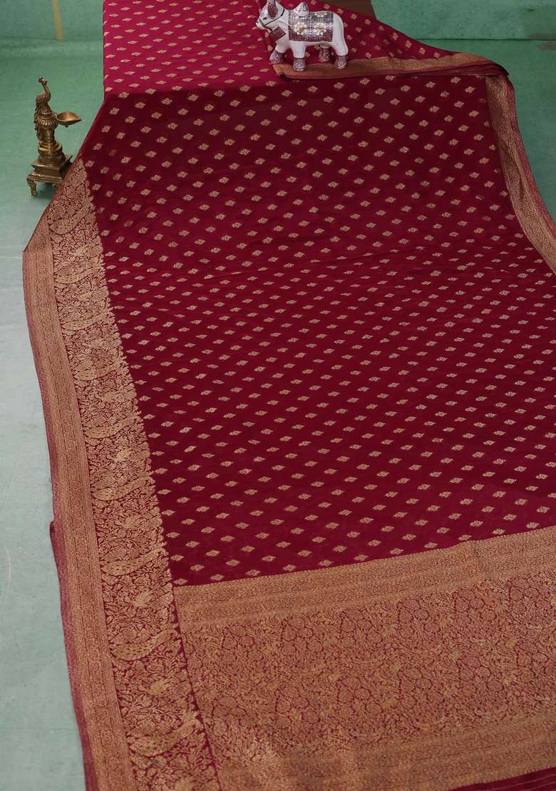 Banarasi Semi Crepe Saree Maroon With Woven Buttas And Woven Border With Buttas And Brocade Design For Women - Indya
