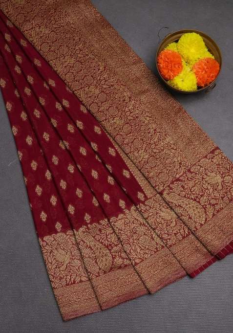 Banarasi Semi Crepe Saree Maroon With Woven Buttas And Woven Border With Buttas And Brocade Design For Women