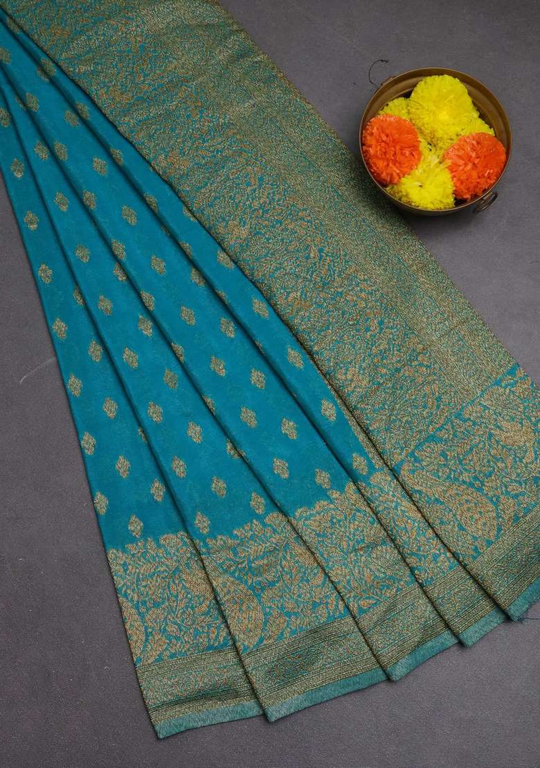 Banarasi Semi Crepe Saree Teal Blue With Woven Buttas And Woven Border With Buttas And Brocade Design For Women - Indya