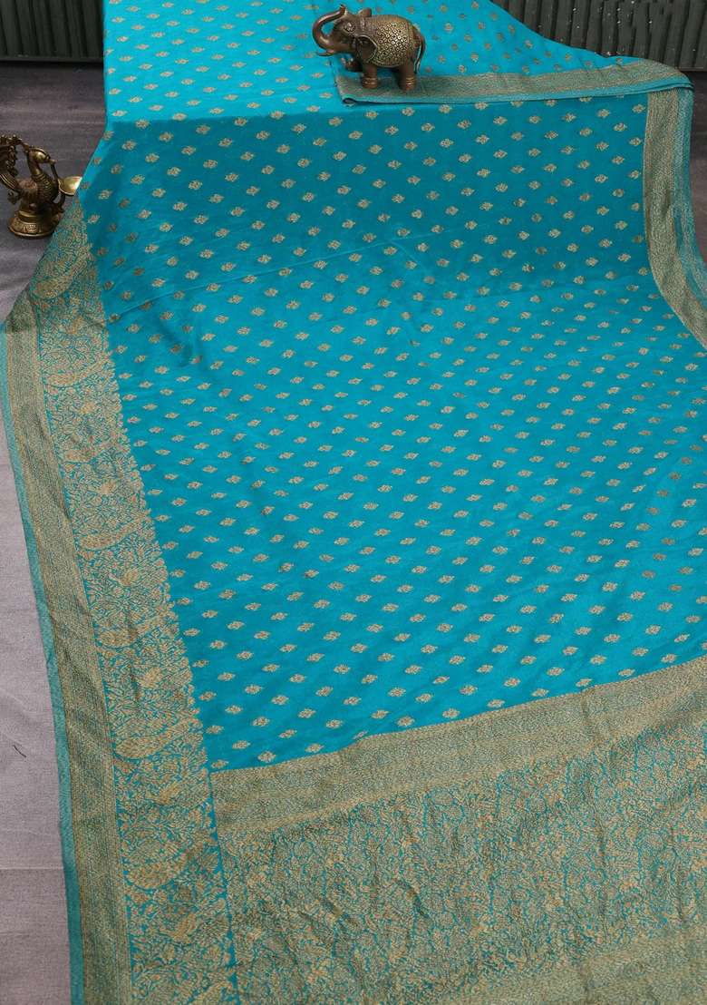 Banarasi Semi Crepe Saree Teal Blue With Woven Buttas And Woven Border With Buttas And Brocade Design For Women - Indya