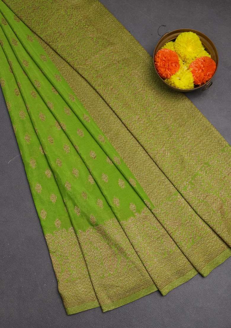Banarasi Semi Crepe Saree Light Green With Woven Buttas And Woven Border With Buttas And Brocade Design For Women - Indya