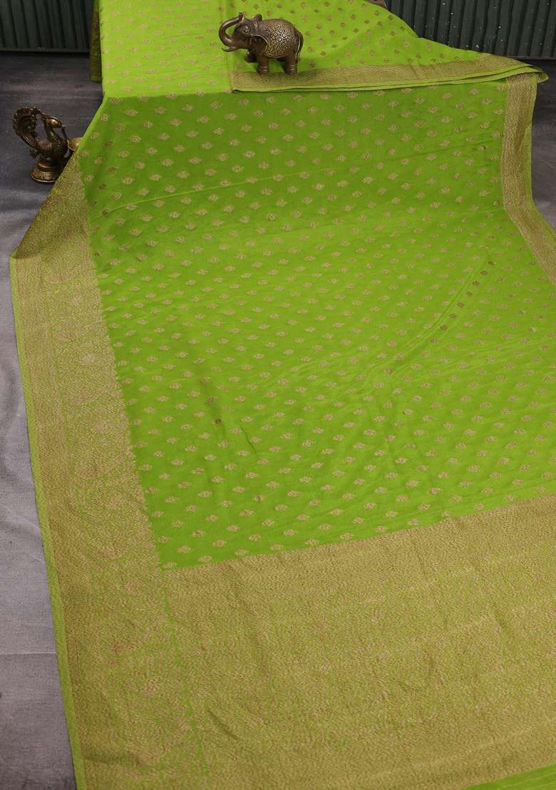 Banarasi Semi Crepe Saree Light Green With Woven Buttas And Woven Border With Buttas And Brocade Design For Women - Indya