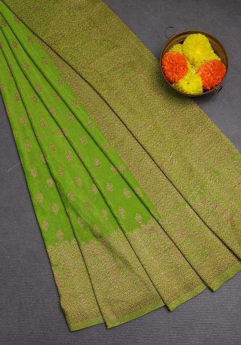 Banarasi Semi Crepe Saree Light Green With Woven Buttas And Woven Border With Buttas And Brocade Design For Women