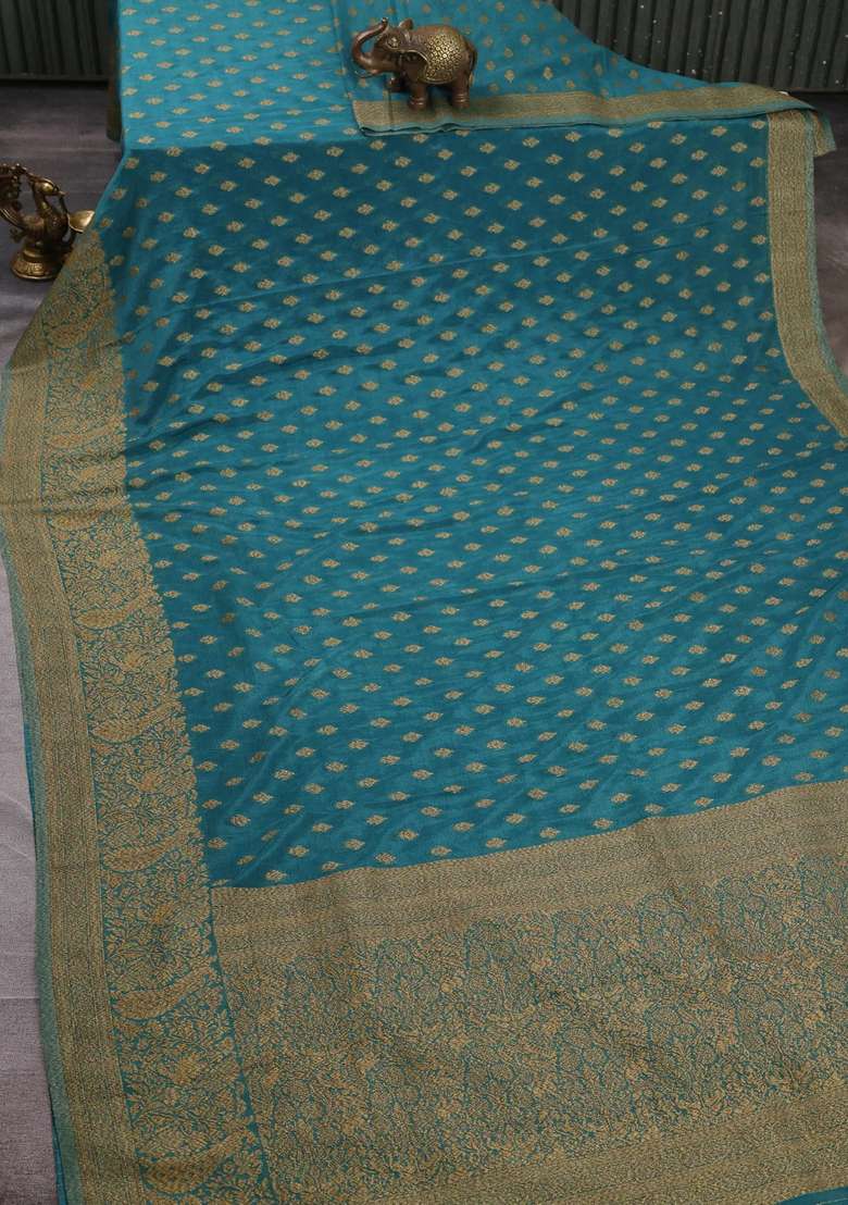 Banarasi Semi Crepe Saree Teal Blue With Woven Buttas And Woven Border With Buttas And Brocade Design For Women - Indya