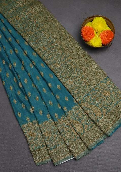 Banarasi Semi Crepe Saree Teal Blue With Woven Buttas And Woven Border With Buttas And Brocade Design For Women